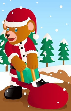 santa bear pick up the gift box out from bagのイラスト素材