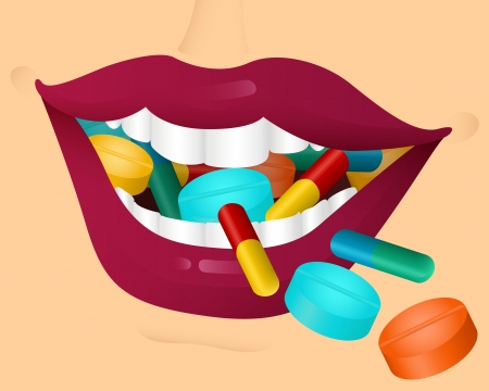 women chewing many pills within her mouthのイラスト素材