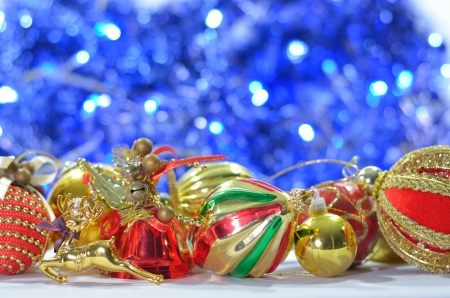 gold and  red many christmas ornament on bokeh の写真素材