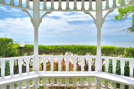 sea behind the white pavilionの写真素材