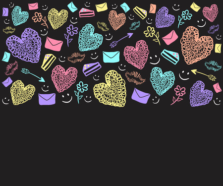 doodle colorful heart and thing about love backgroundのイラスト素材