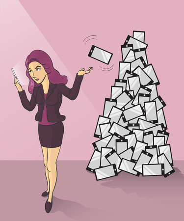 a businesswoman tossing her old smartphone to trash canのイラスト素材