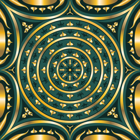 square ornamental classic swirl golden and green pattern. can use this pattern in design of bandana, neckerchief, scarf, shawl, and carpetのイラスト素材