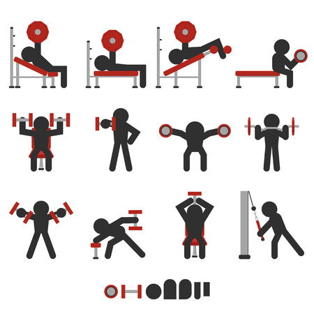 set of 12 icon free weight training character silhouettedのイラスト素材