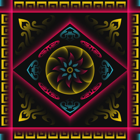 square ornamental china style pattern in design of bandana, neckerchief, scarf, shawl, and carpetのイラスト素材