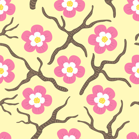 floral seamless pattern with pink sakura flowers on cream backgroundのイラスト素材