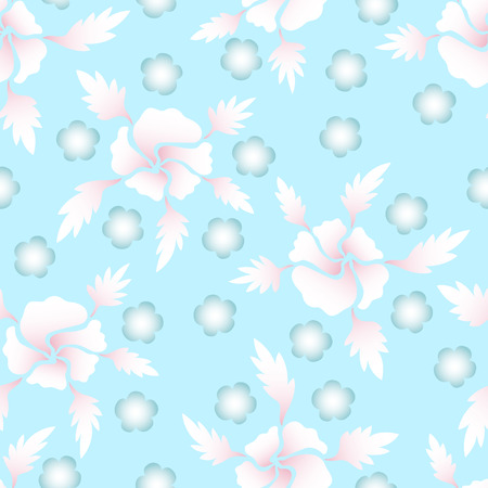white pink flora and leaves seamless pattern on light blue backgroundのイラスト素材