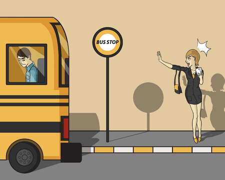 working woman missing the bus because she look down to the smartphoneのイラスト素材