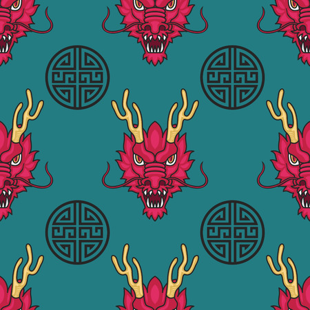 red dragon head seamless pattern on green backgroundのイラスト素材