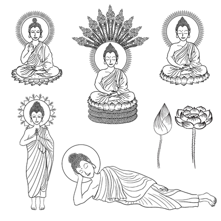 vector line drawing variety of buddha gestureのイラスト素材