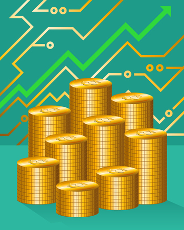 Golden bitcoin pile and growing up graphのイラスト素材