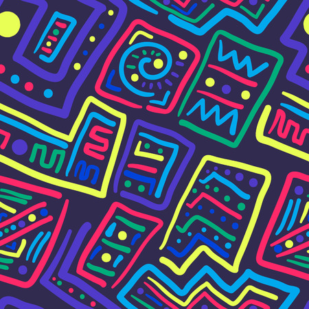 abstract doodle neon colors lines seamless pattern on dark purpleのイラスト素材