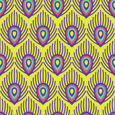 modern vintage peacock feathers seamless on yellowのイラスト素材