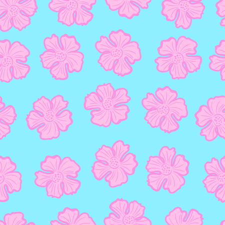 the doodle freehand pink hibiscus flower seamless pattern on light blueのイラスト素材