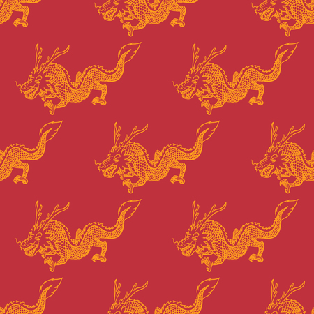 modern contemporary golden chinese dragon seamless pattern on redのイラスト素材