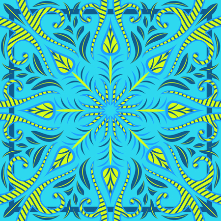 contemporary light blue and yellow flora and leaves pattern with frameのイラスト素材