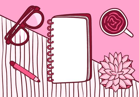 vector doodle diary notebook and glasses for business planner on tableのイラスト素材