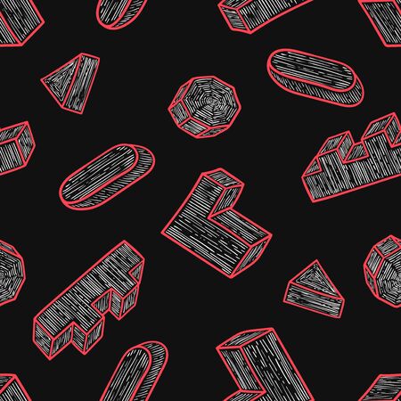 vector doodle geometric wood outlines seamless pattern on blackのイラスト素材