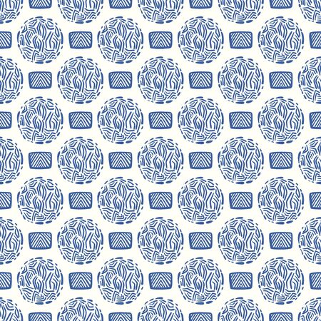 vector blue ethnic rough circle and rectangle lines seamless pattern on whiteのイラスト素材