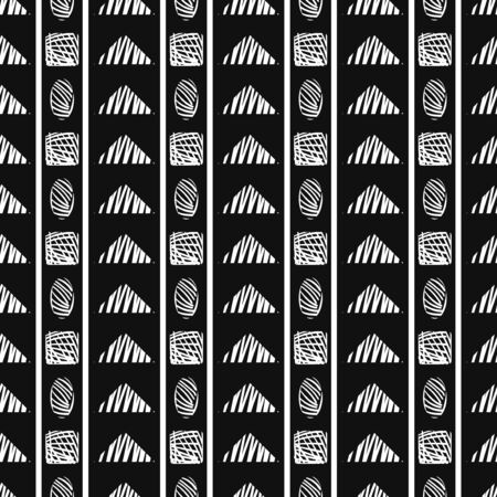 vector white ethnic geometric and vertical lines seamless pattern on blackのイラスト素材