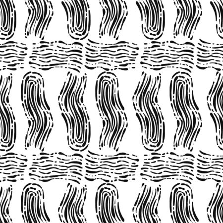 vector black ethnic doodle spiral and horizontal lines seamless pattern on whiteのイラスト素材