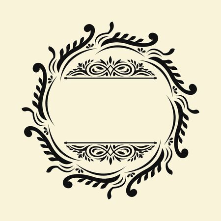 black elegant floral monogram circle frame template design on cream backgroundのイラスト素材