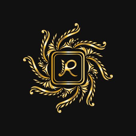 gloden elegant floral monogram with rounded square frame template design on black backgroundのイラスト素材