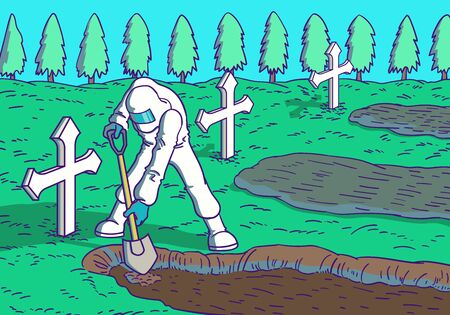 a man in protection disease suit digging graves is death from coronavirus covid-19のイラスト素材