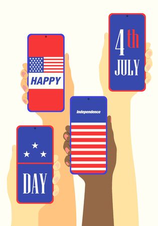 people holding smartphone on hand and opened text and symbol america independence day on screen background for brochure banner and publicationのイラスト素材