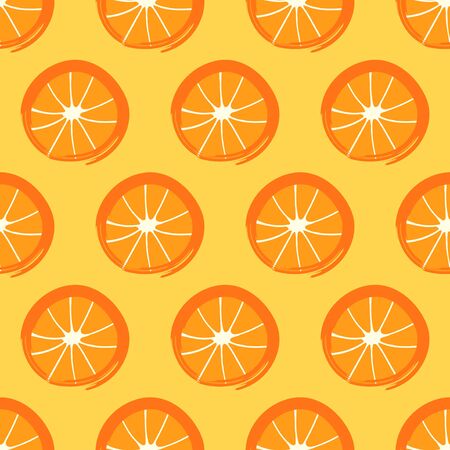 vector orange slice and outlines rough brush stroke seamless pattern on yellowのイラスト素材