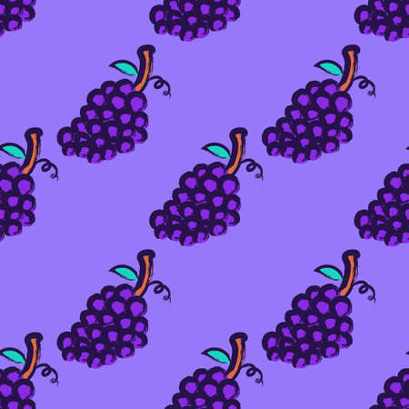 vector grapes and outlines rough brush stroke seamless pattern on violet