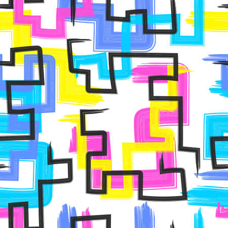 vector rough colorful zigzag brush stroke overlap seamless pattern on whiteのイラスト素材