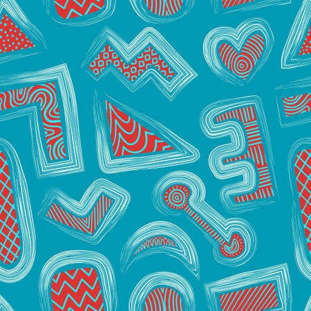 vector rough white lines brush stroke and red geometric seamless pattern on green