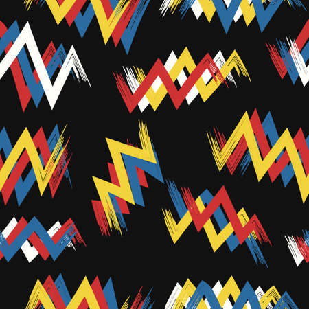 vector rough three color zigzag geometric brush stroke overlapped seamless pattern on black