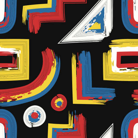 vector rough three color geometric lines brush stroke overlapped seamless pattern on black