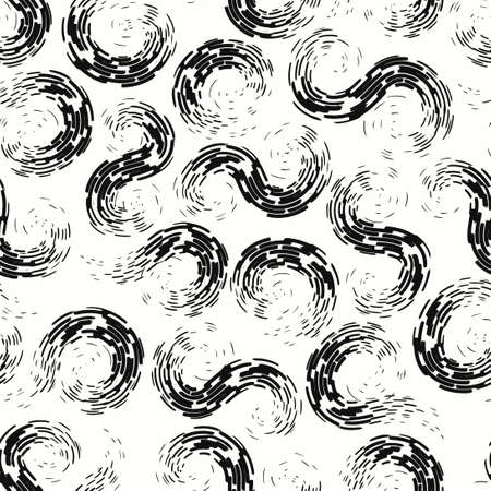 vector black rough spiral brush stroke lines seamless pattern on whiteのイラスト素材