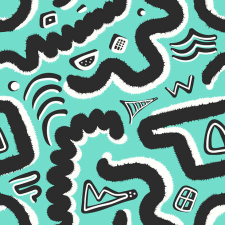 vector multi doodle black and white freeform overlapped seamless pattern on green