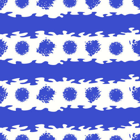 vector blue ethnic rough circle and horizontal lines brush stroke seamless pattern on whiteのイラスト素材