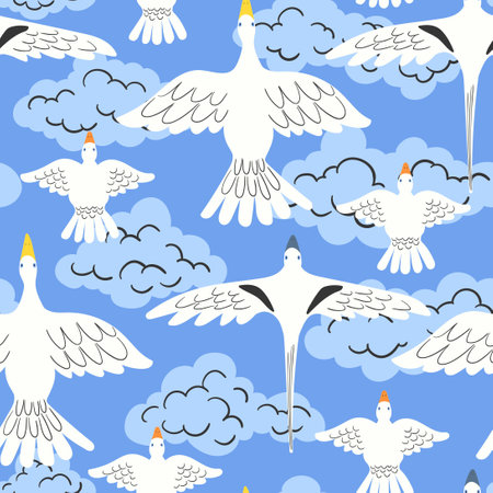 vector white flying bird on the sky seamless patternのイラスト素材
