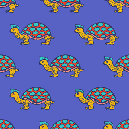 vector turtle with a mohawk seamless pattern on blueのイラスト素材