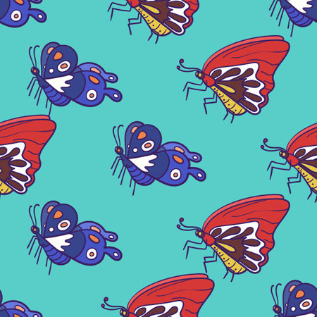 vector doodle colorful butterfly seamless pattern on greenのイラスト素材