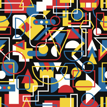 vector modern geometric and outlines overlapped seamless pattern on blackのイラスト素材