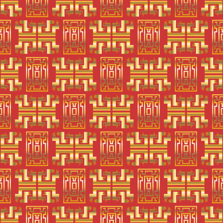 vector golden chinese traditional rough rectangle brush stroke seamless pattern on redのイラスト素材