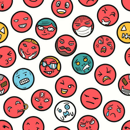 vector variety emoji face seamless pattern on whiteのイラスト素材