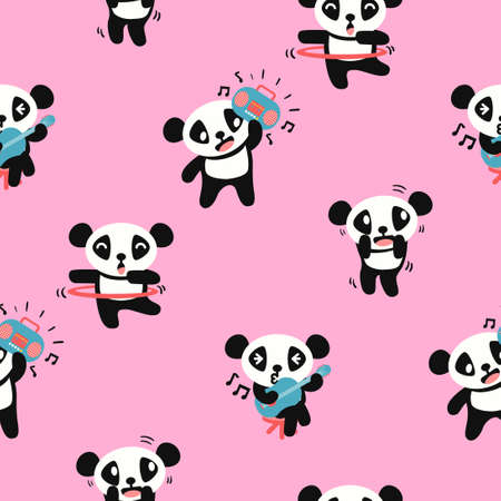 vector cute panda doing variety of activities seamless patternのイラスト素材