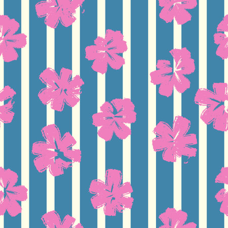 vector pink rough ethnic floral brush stroke and vertical white lines seamless pattern on greenのイラスト素材