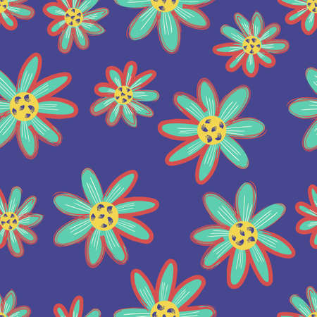 vector colorful rough ethnic floral brush stroke lines seamless pattern on blue
