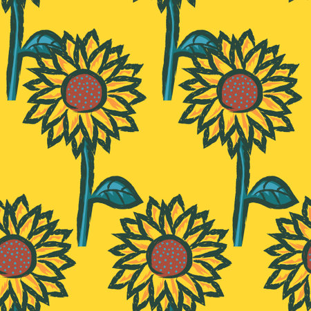 vector rough ethnic sunflower brush stroke lines seamless pattern on yellowのイラスト素材