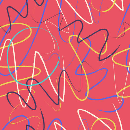 vector colorful rough ethnic wave and circle brush stroke lines overlapped seamless pattern on redのイラスト素材