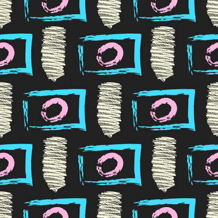 vector rough ethnic white zigzagl and blue rectangle pink circle brush stroke lines seamless pattern on blackのイラスト素材